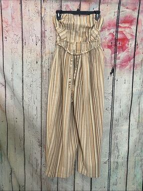 Free People Striped Beige Cotton Strapless Jumpsuit XS (fits like m/l)